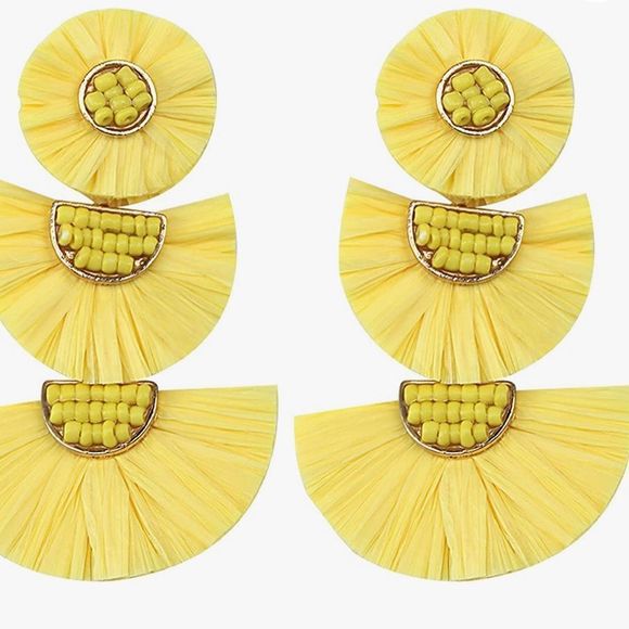 New Yellow Statement Earrings Beaded Rattan Raffia Palm Bohemian Drop Dangle - Picture 1 of 5